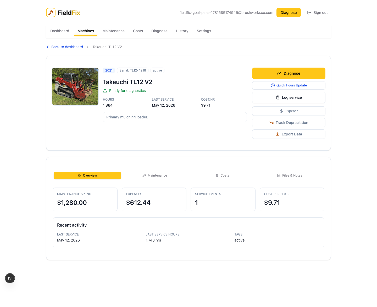 FieldFix machine detail page showing overview, next action, notes, maintenance, and costs