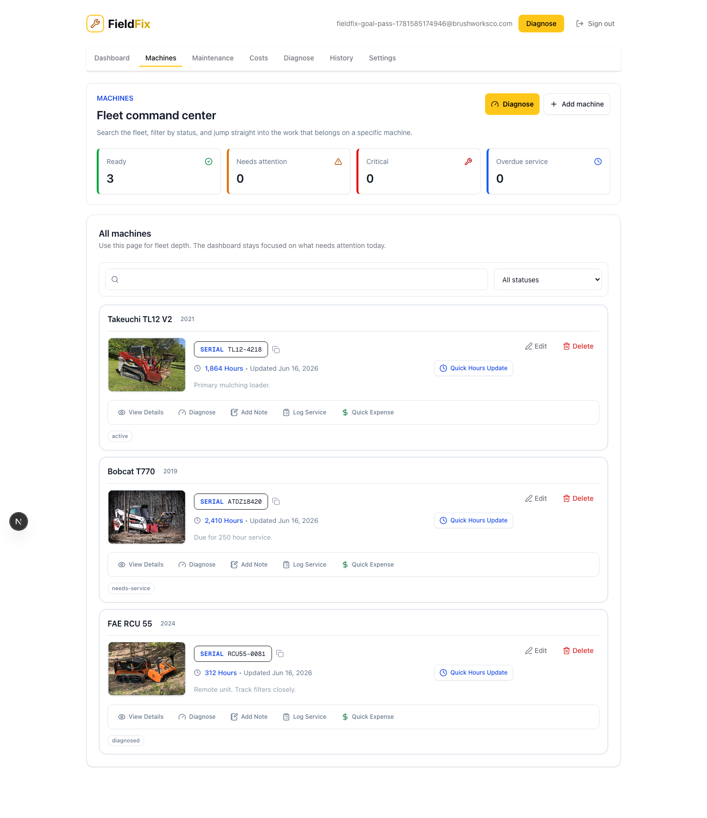 FieldFix machines page with thumbnails, service status, hours, and fleet filters