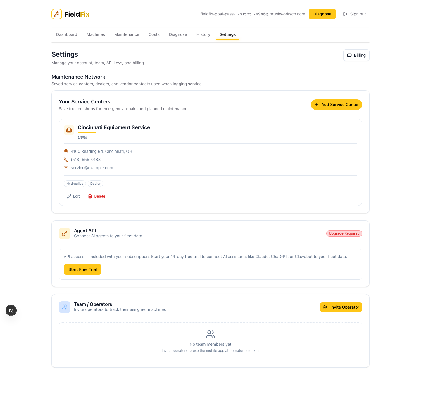 FieldFix maintenance network settings for service centers and vendors