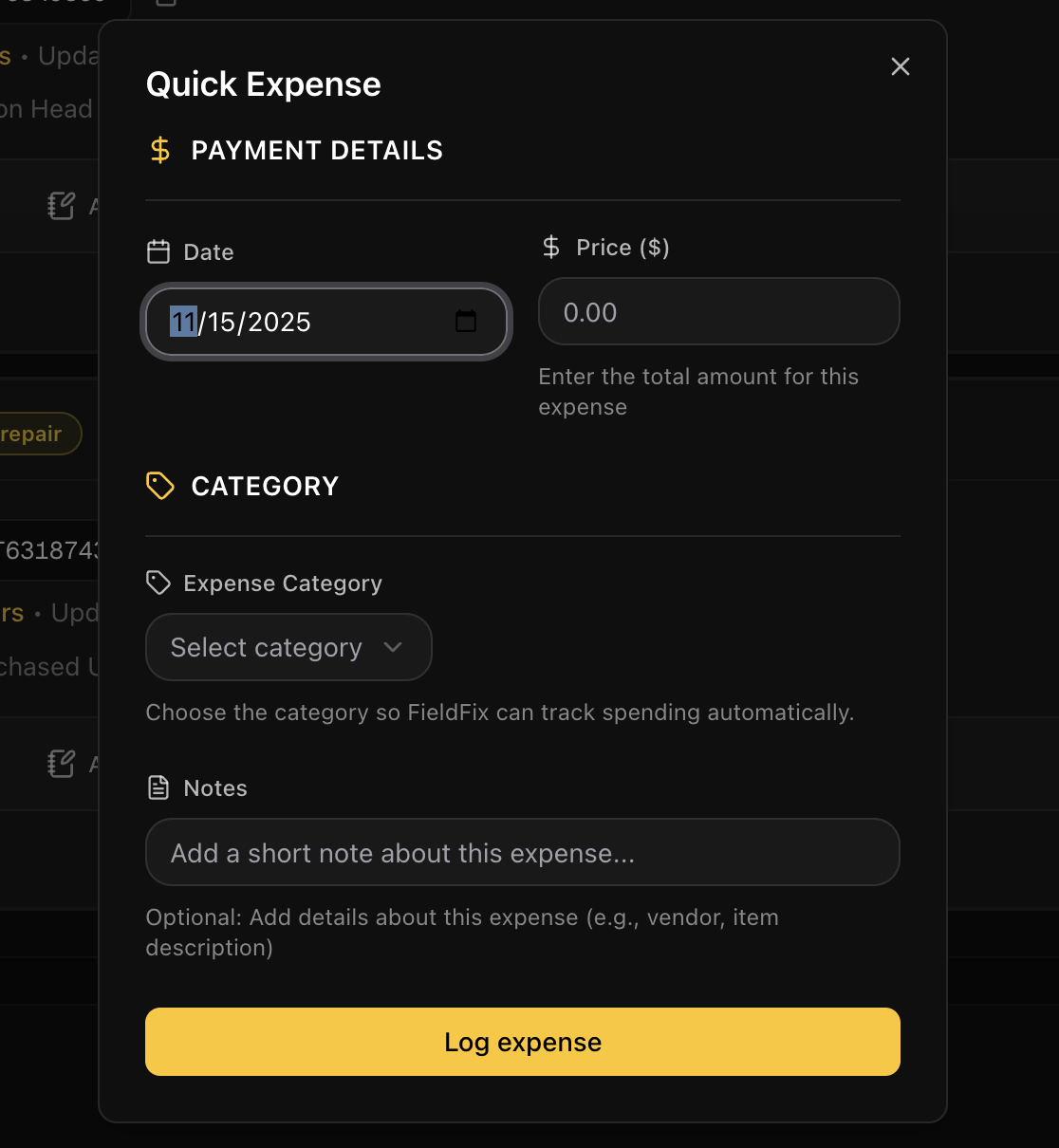 FieldFix quick expense entry form