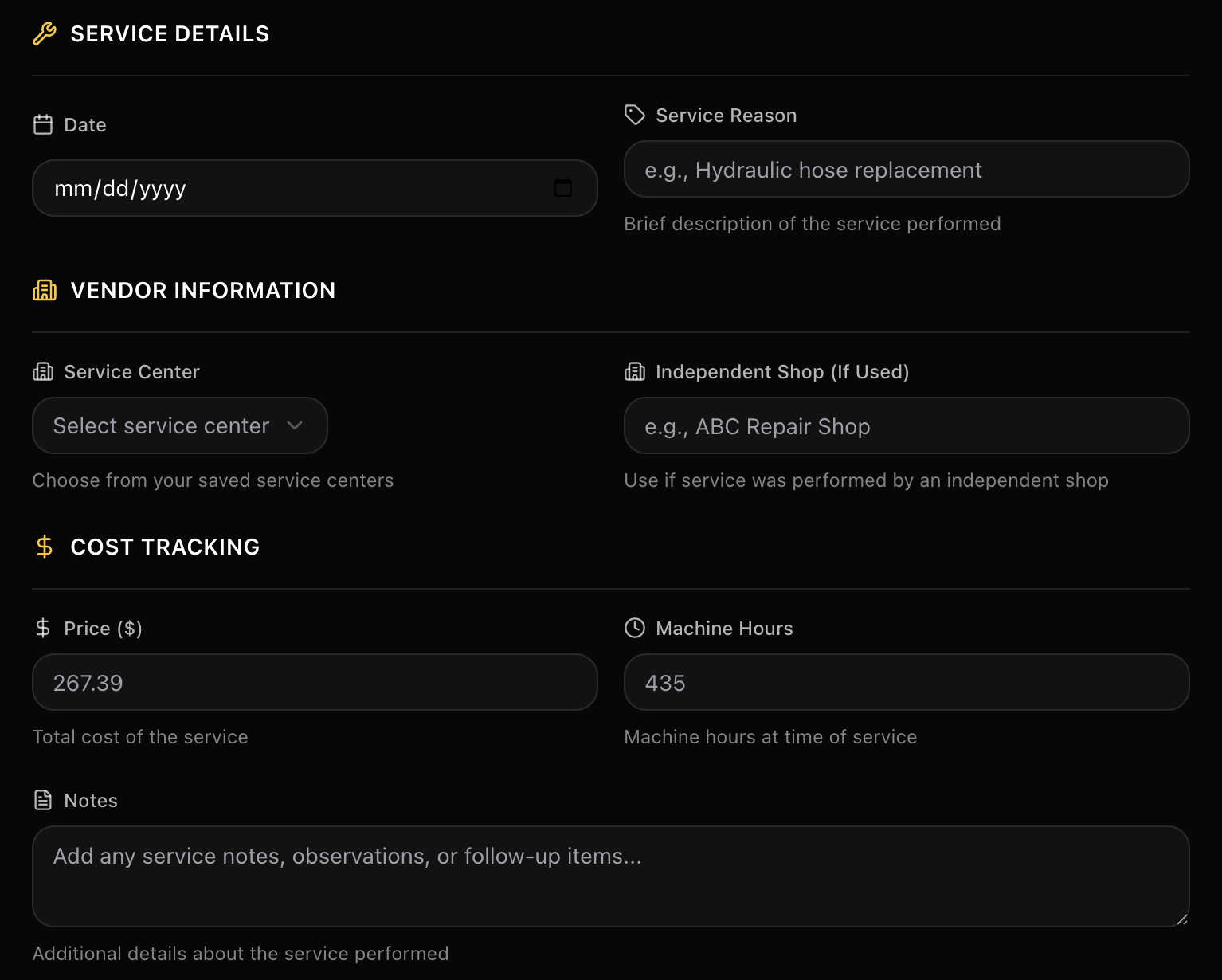 FieldFix service details with hours tracking